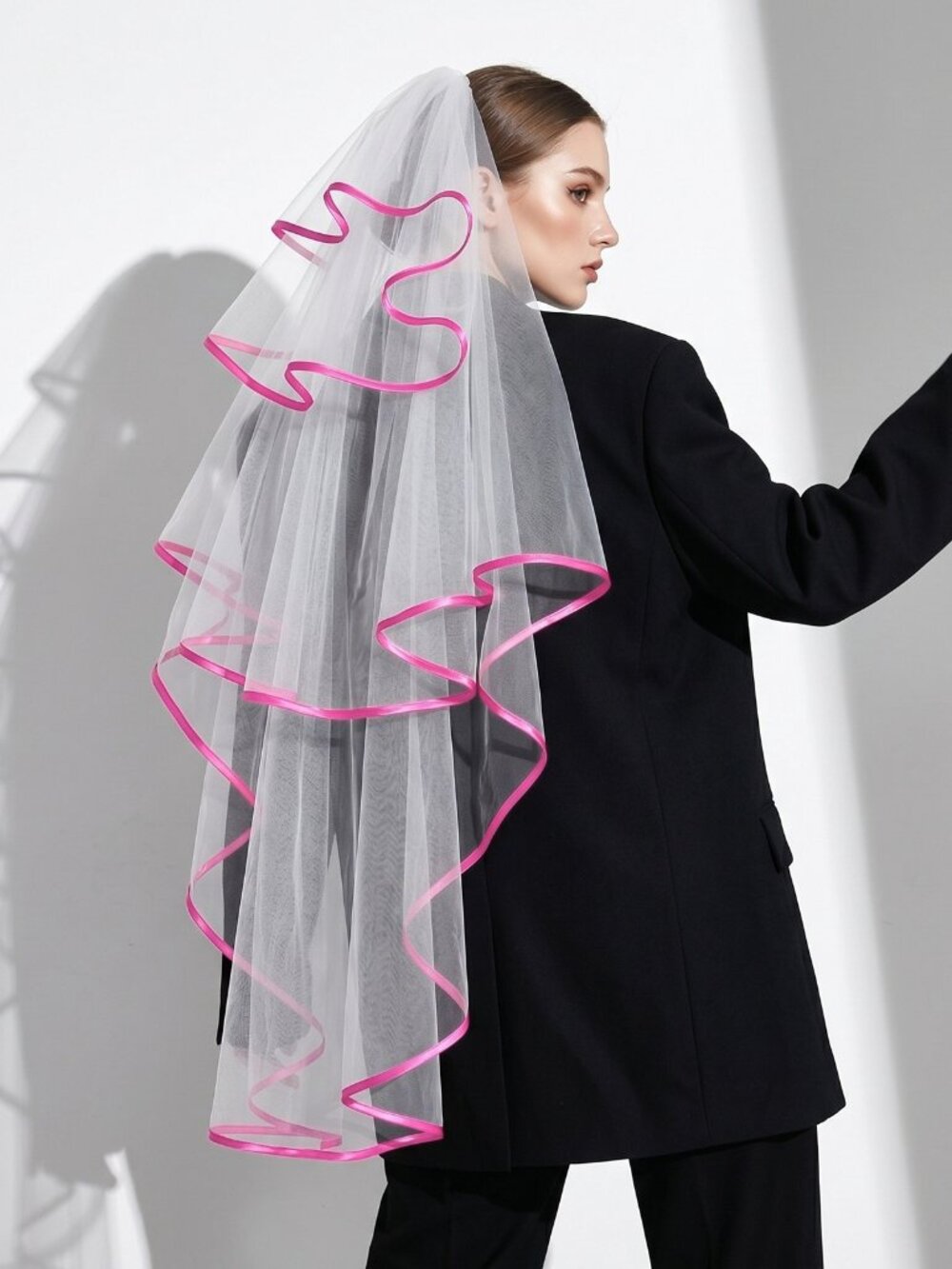 Double Tier Tulle Veil With Hot Pink Ribbon Edge